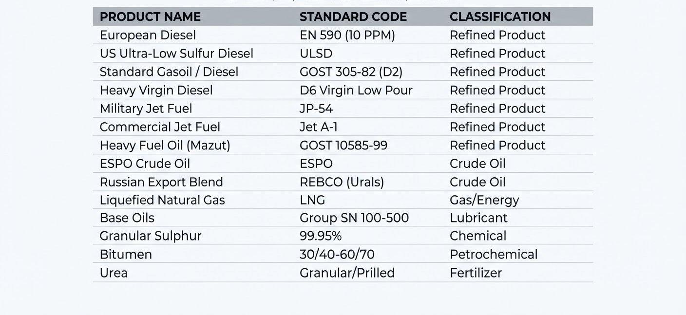 Diesel Fuel, Petroleum Products, Granular Sulfur, Refined White Sugar, Refined Sunflower Oil