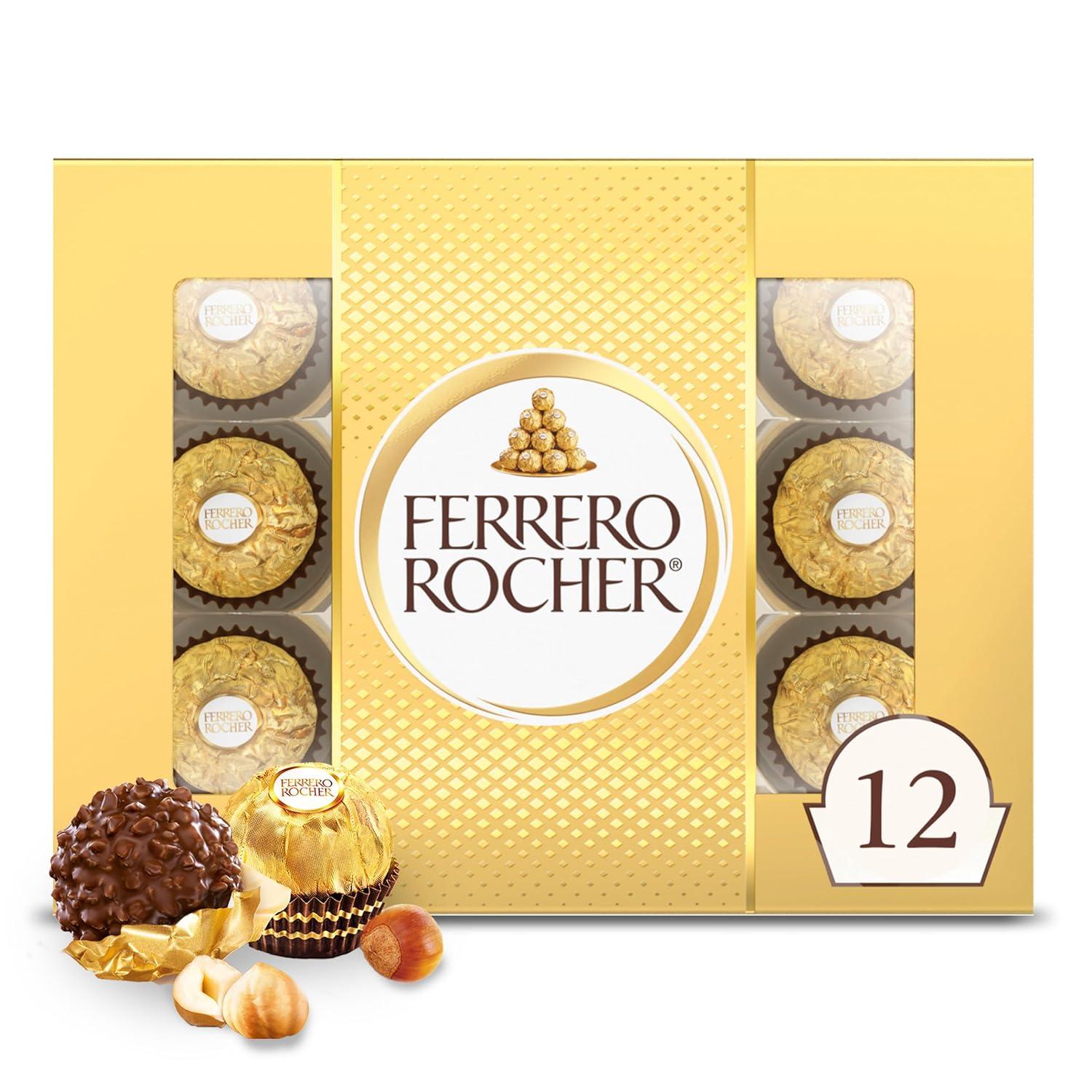 Ferrero Rocher Gourmet Hazelnut Milk Chocolate Gift Box, 12 Individually Wrapped Chocolates, 5.3 oz