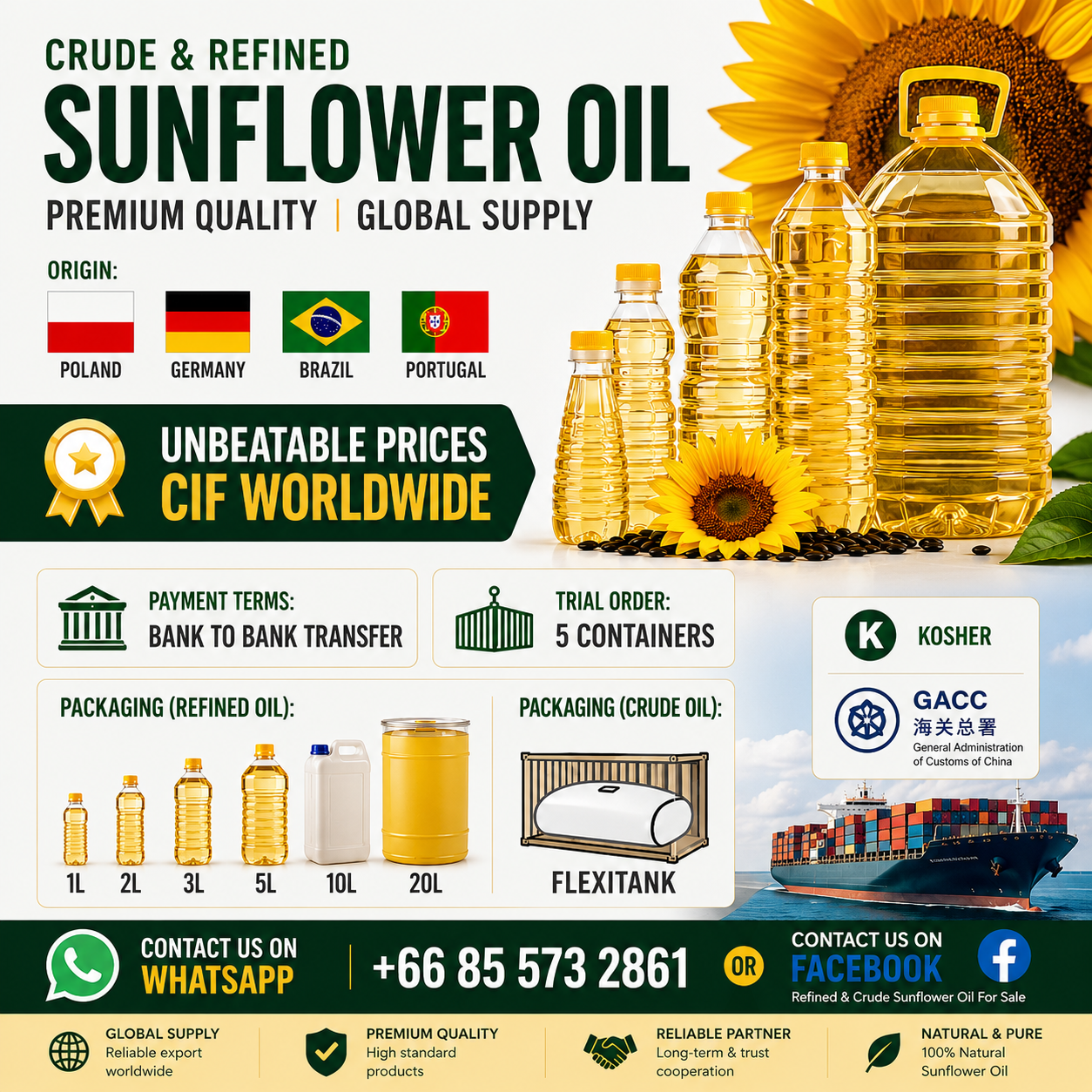 100% Pure Refined Sunflower and RBD Fortified Palm Olein Cooking Oil Ready For Export