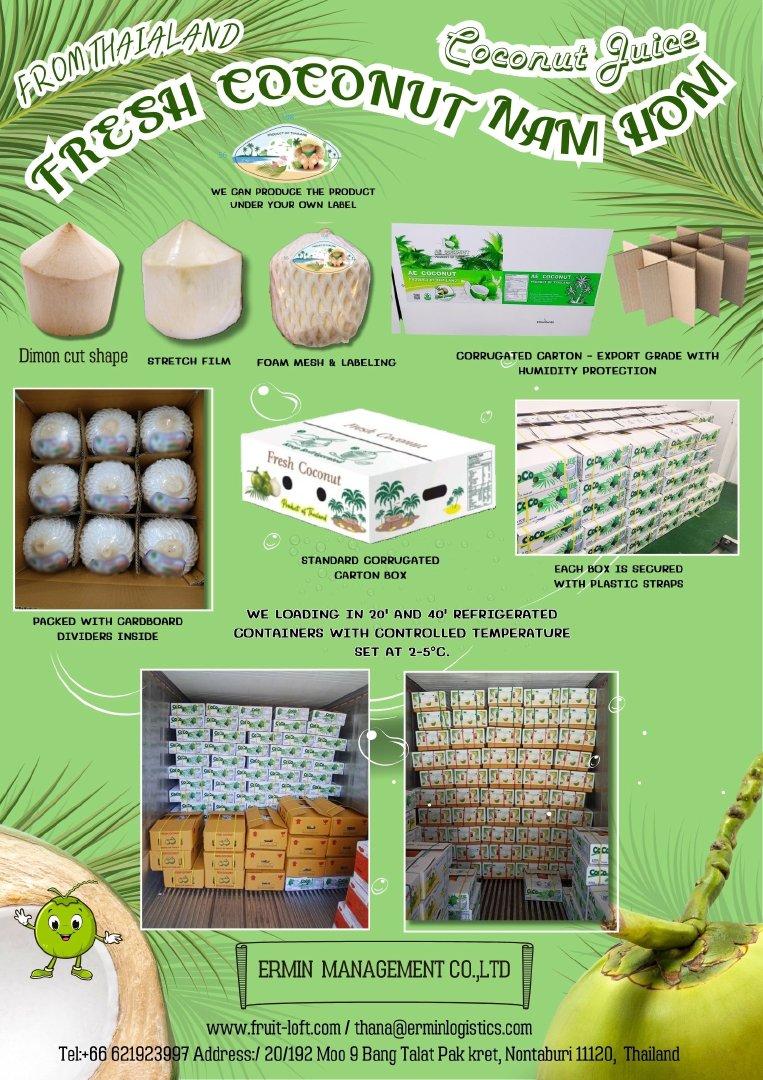 Fresh Coconut Water Volume 300–350 Ml Weight Per Fruit 800–900 Grams Storage Temperature 2–5 °c (cold Chain) Packaging 9 Pieces Per Carton, 9 pc/carton box