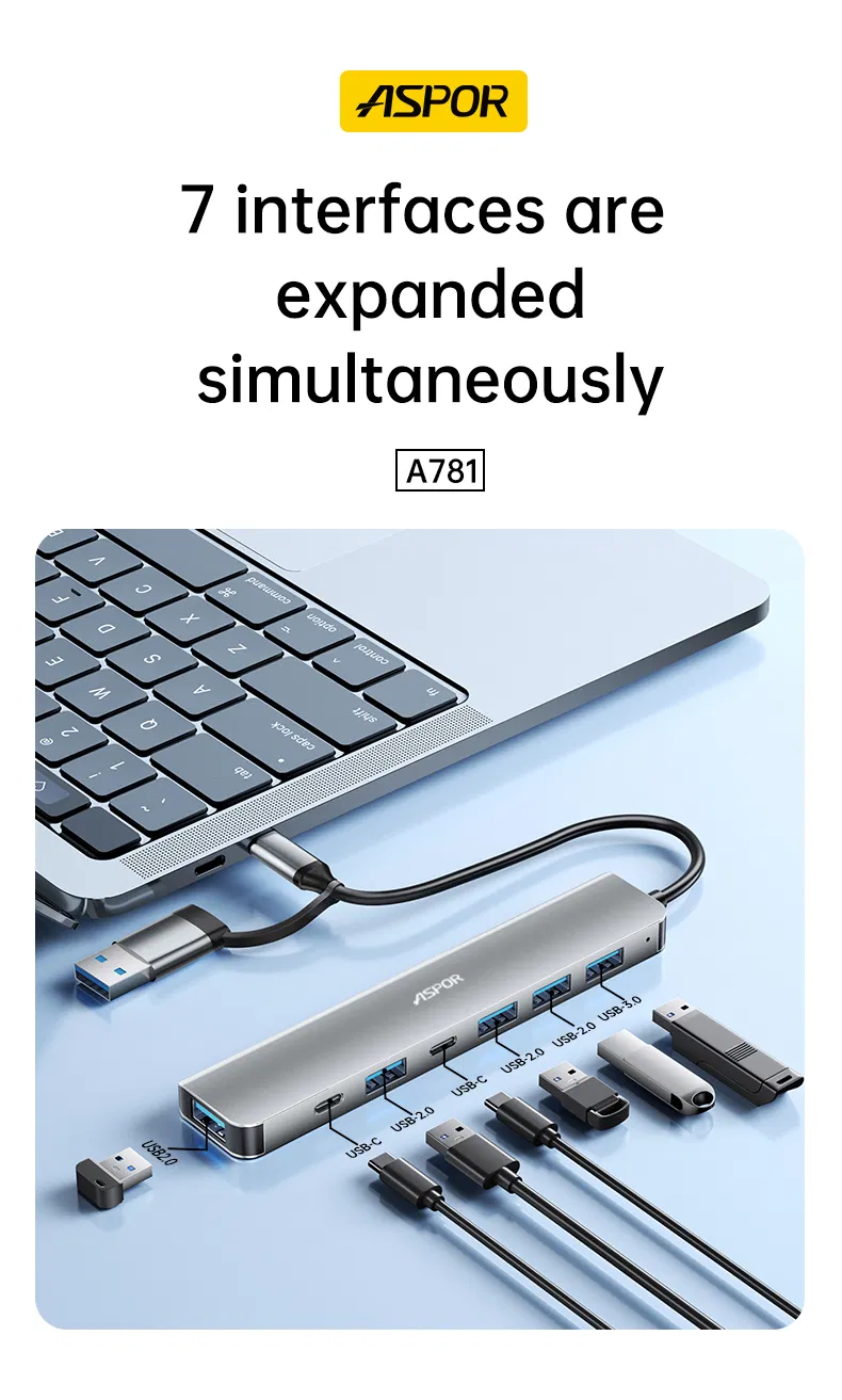 Aspor A781 USB A/C Hub 7-in-1 Multiport Adapter Fast Charging