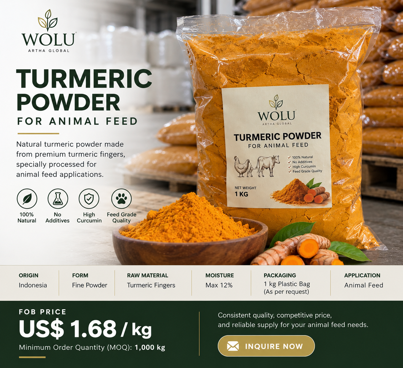 Bulk Turmeric Finger Powder for Animal Feed from Indonesia – Natural Fine Ground Turmeric Powder, 1 kg Plastic Packing