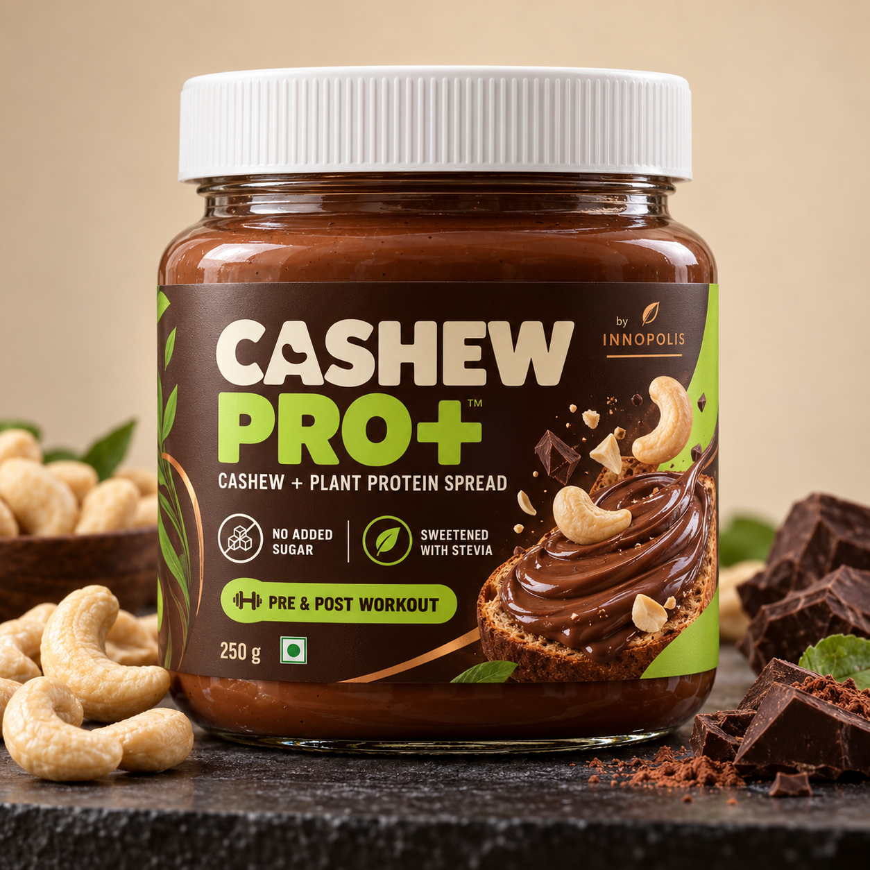 CASHEW PRO+ CASA rich and creamy chocolate spread made with cashews and selected plant proteins.