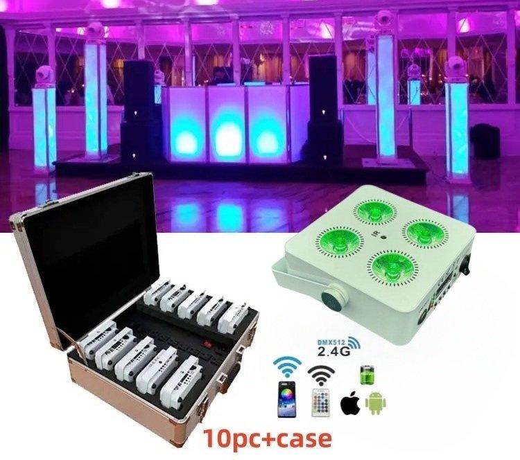 10Pc Battery Powered Uplights Rechargeable Par Can 4x18W RGBWA+UV Flight Case 