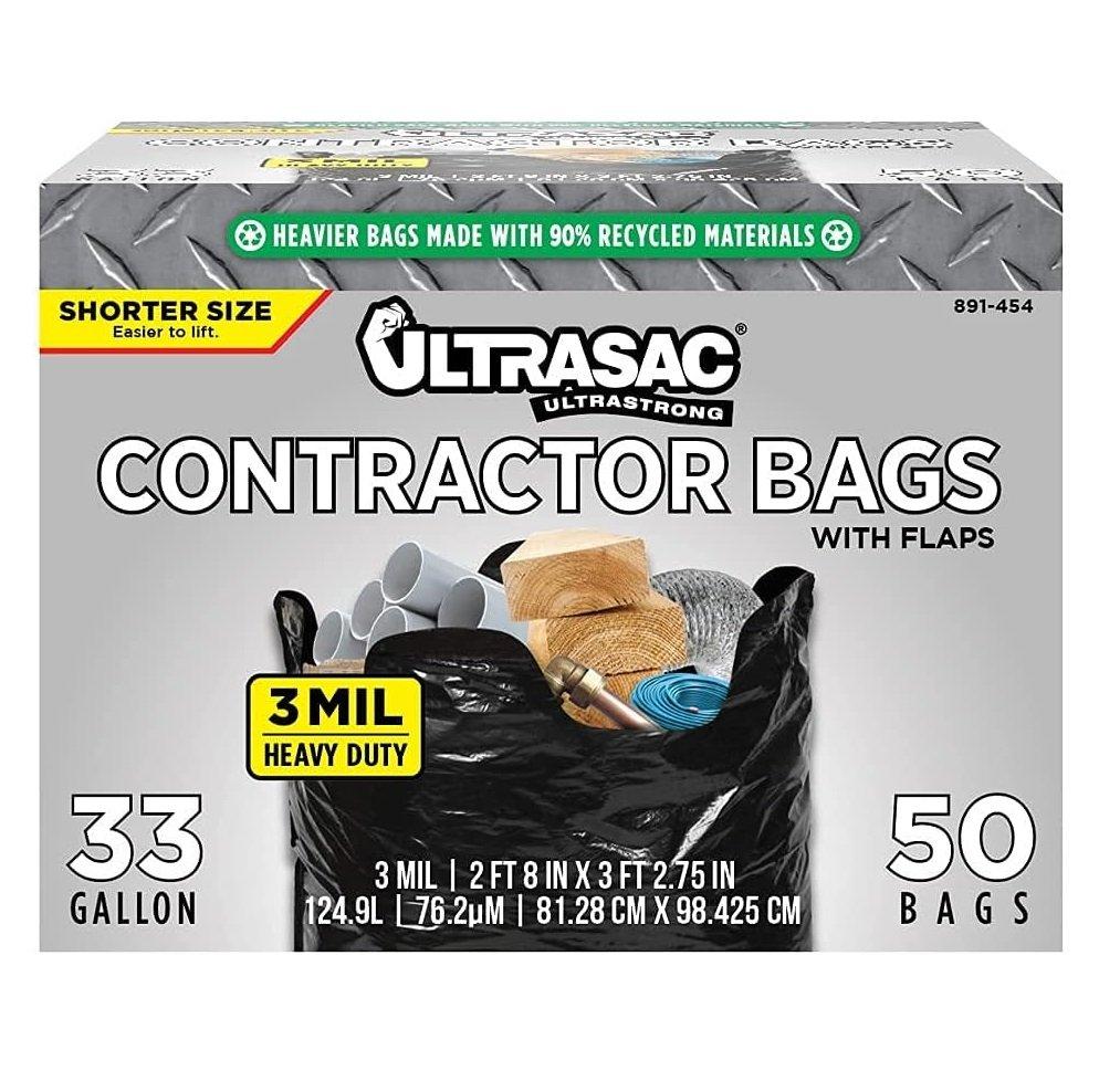 Ultrasac Contractor Trash Bags - (50 Pack/w Ties) - Heavy Duty 3 MIL Thick, 39" x 32", Shorter 33 Gallon Black Version -