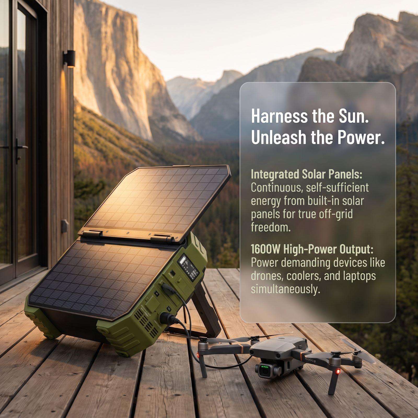 1600W Portable Power Station, 1024Wh LiFePO4 with Built-in Solar Panel