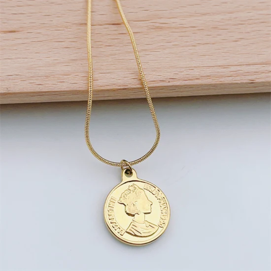 18K Plated Snake Thick Chain Necklaces Women Stainless Steel Queen Coin Pendant Stainless Steel Necklace