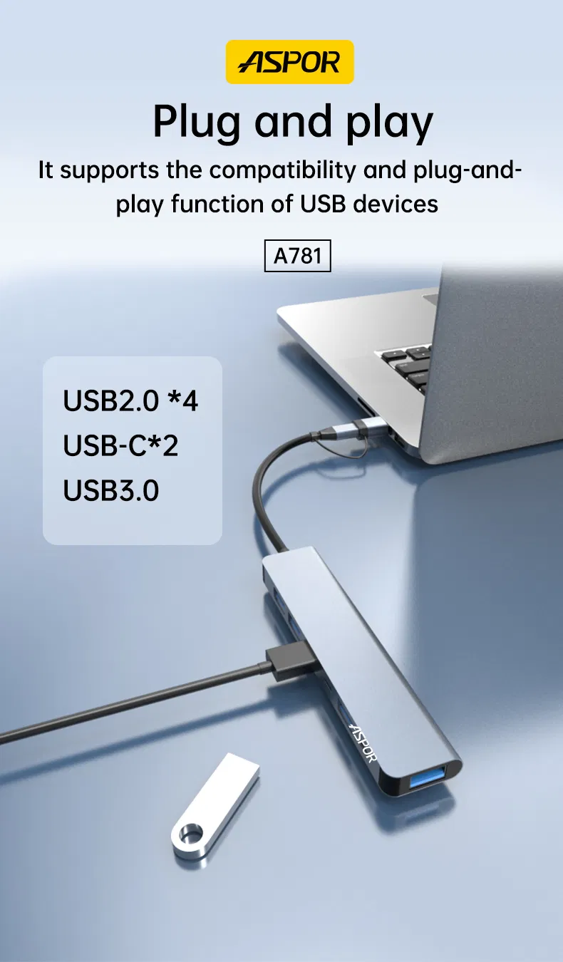 Aspor A781 USB A/C Hub 7-in-1 Multiport Adapter Fast Charging