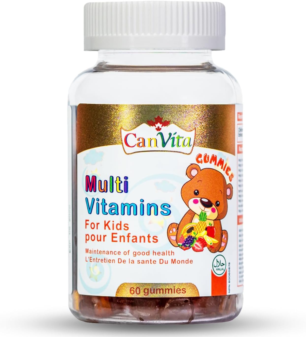 Canvita Kid's Halal- vegan Multi-Vitamin Gummy 60/ bottle, Made in Canada, sugar free
