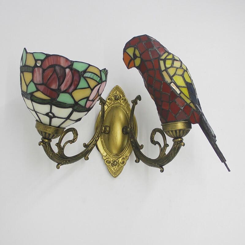 Tiffany double wall lamps pair sconce stained glass bird dragonfly flower decor