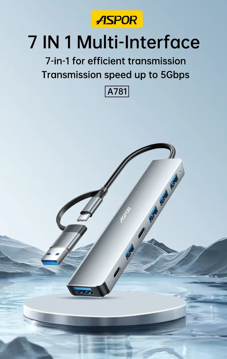 Aspor A781 USB A/C Hub 7-in-1 Multiport Adapter Fast Charging