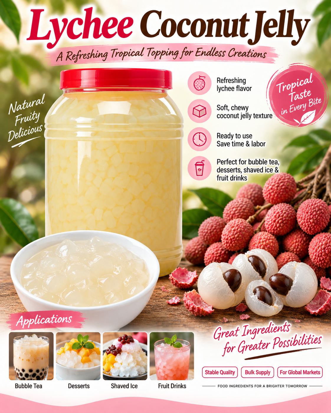 Bulk Lychee Coconut Jelly | Nata de Coco | Bubble Tea Topping Supplier | 3.8kgx 4 bottles/carton 