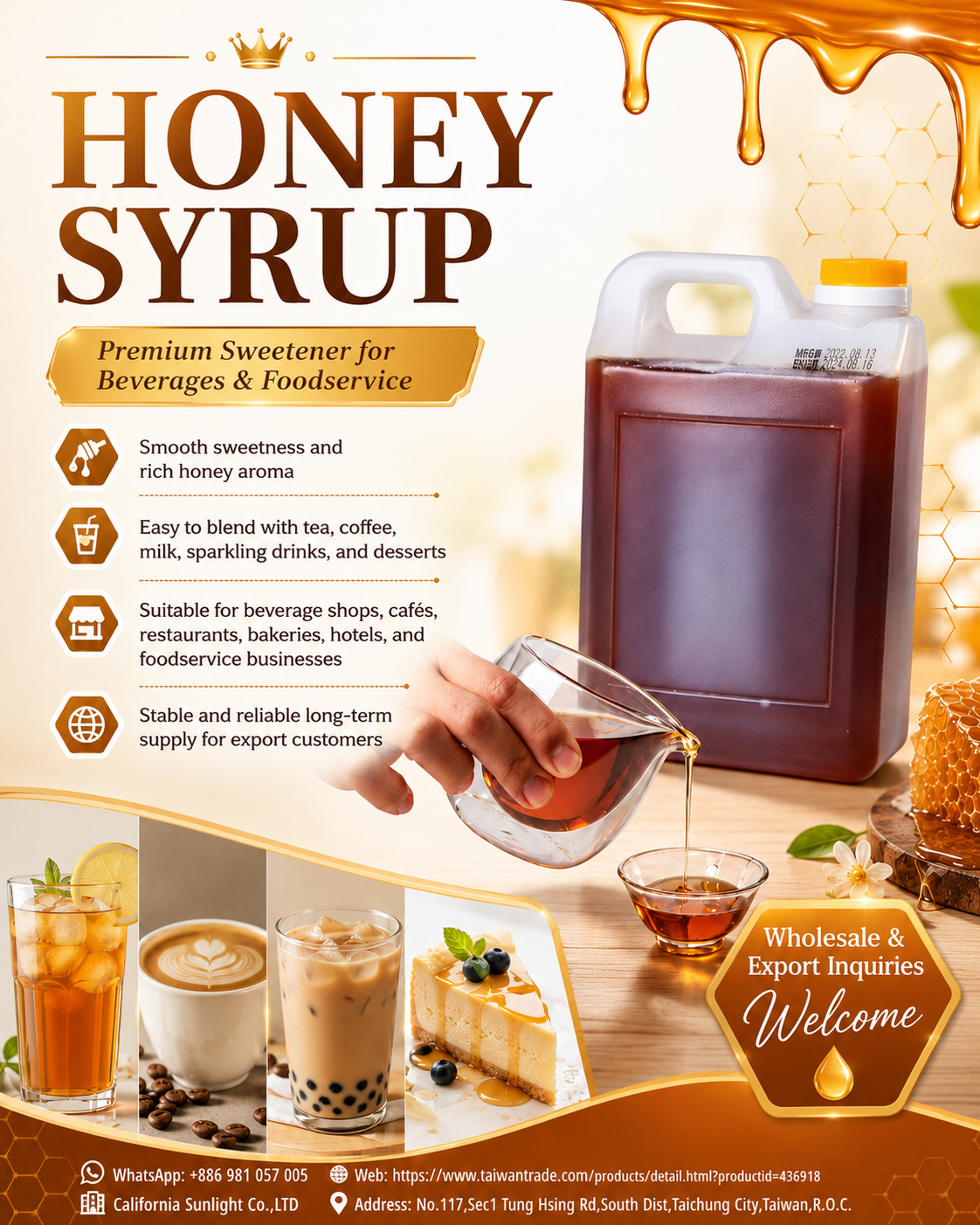 Foodservice Premium Honey Syrup in Bulk for Tea, Coffee & Desserts Taiwan Supplier
