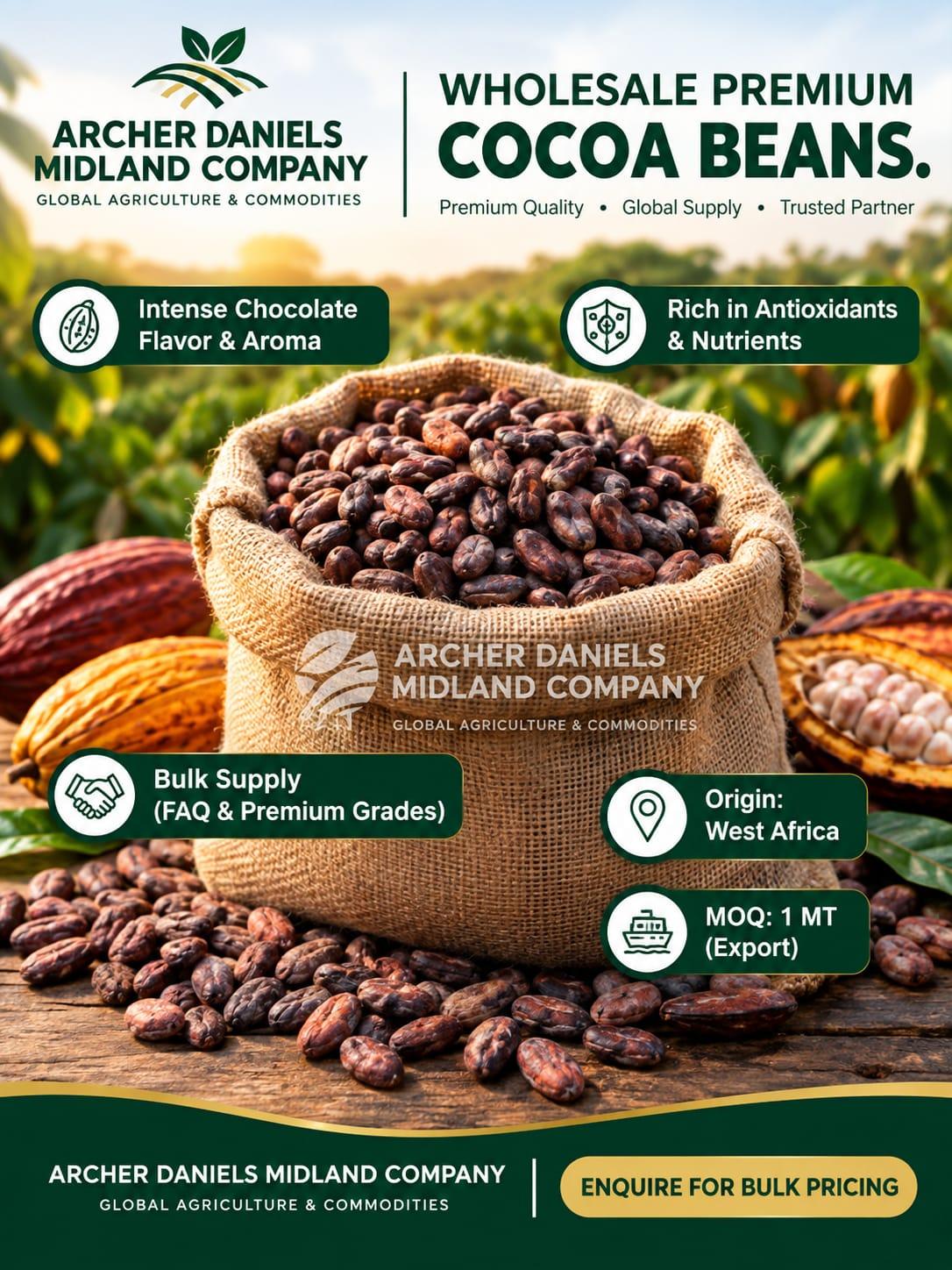 Premium Cocoa Beans – Grade 1, Fermented & Sun-Dried | Bulk Wholesale Supply