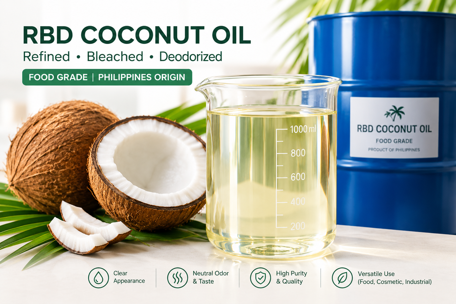 Coconut Oil   Refined, Bleached and Deodorized (RBD)   – Philippines Origin
