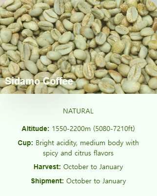 Natural Sidamo arabica green coffee beans Specialty Grade1 (cupscore 85-90)  Ethiopian
