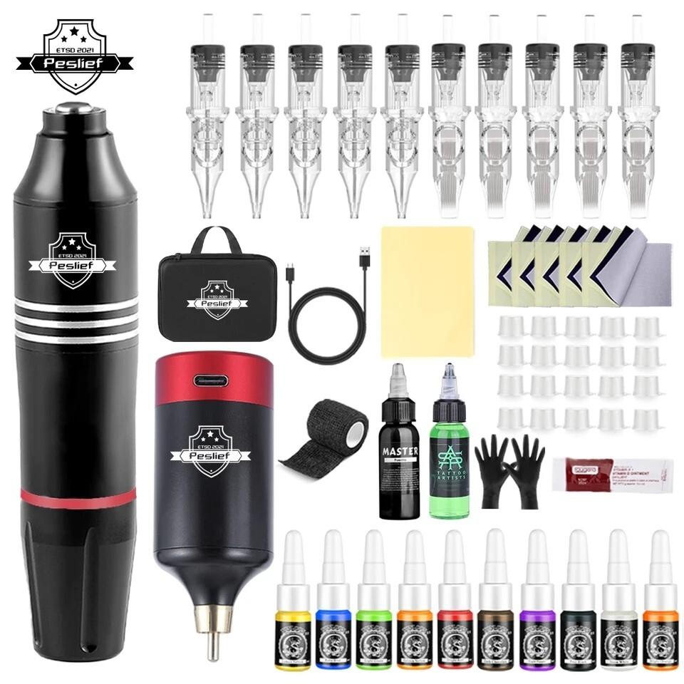 New Professional Tattoo Machine Kit Complete Rotary Pen 10pc Cartridge Needle (PESLIEF)