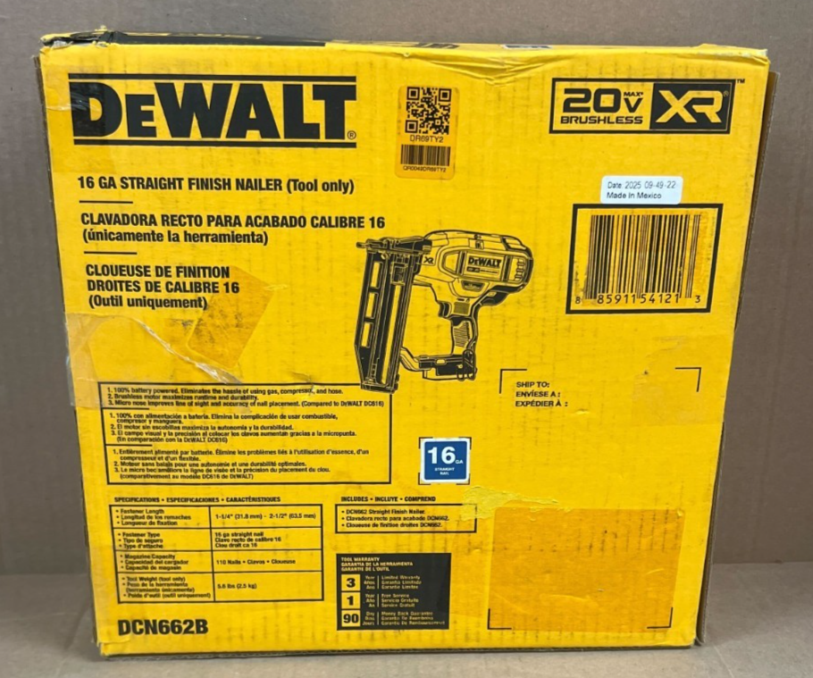[NEW] (DCN662B) DeWalt 20V Max XR 16-Gauge Cordless Straight Finish Nailer