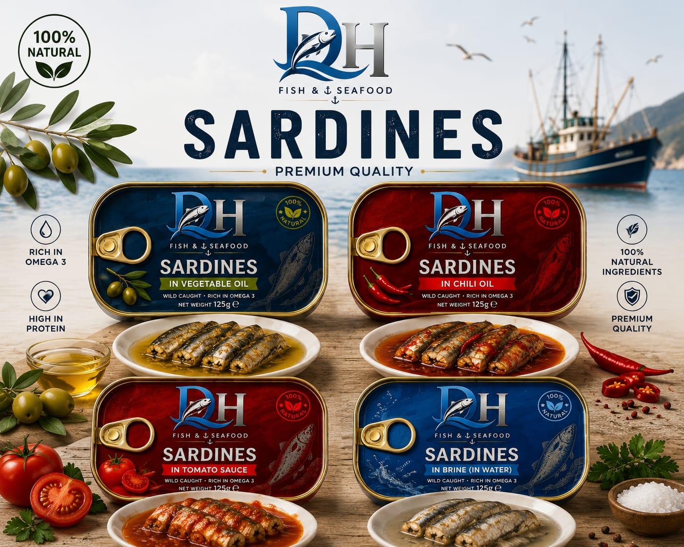 Premium  Moroccan  Quality  Canned Sardines 125g – Vegetable Oil, Chili Oil, Tomato Sauce & Brine